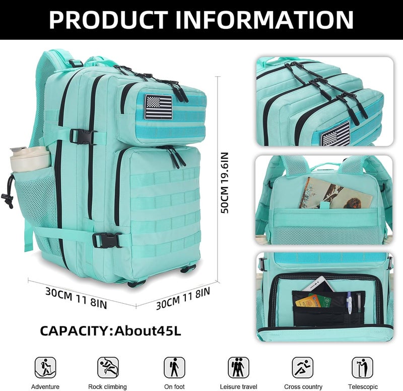 Lovelinks21 45L Tactical Assault Backpack 3 day assault pack with Molle Waterproof backpack Rucksack for Tactical Backpacks (Mint Green) - Image 2
